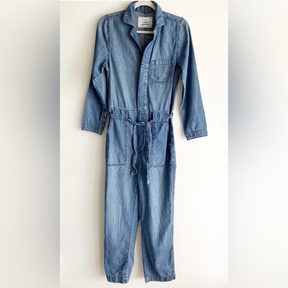H&M Light Blue Denim Utility Jumpsuit with Tie Waist
